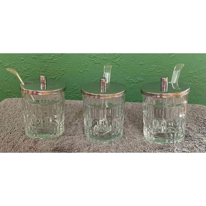 3 små vintage glas med låg til sennep, marmelade, 50erne