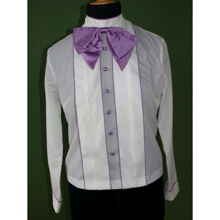 Hvid vintage bluse med lyslilla tittekanter, slåede knapper og aftagelig sløjfe, str. 40. Ubrugt