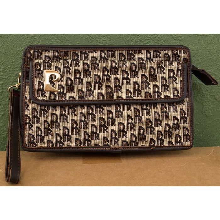 Brun vintage clutch i vinyl og stof, velholdt