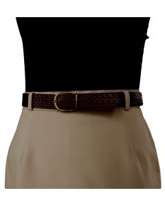 Beigefarvet, helforet pencilskirt med brunt bælte i læderlook