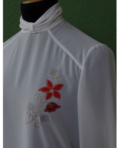 Hvid Vintage bluse med blomsterapplikation, str. 38, 70erne