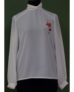 Hvid Vintage bluse med blomsterapplikation, str. 38, 70erne