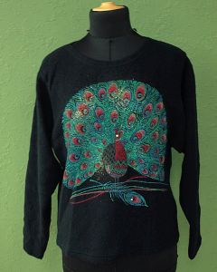 Vintage strikbluse med påfuglemotiv, str. 38/40, 80erne