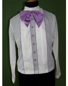 Hvid vintage bluse med lyslilla tittekanter, slåede knapper og aftagelig sløjfe, str. 40. Ubrugt