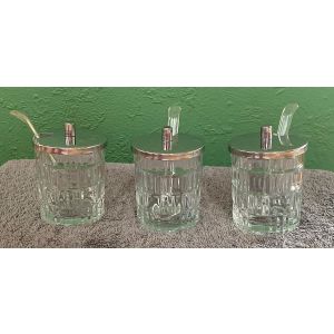 3 små vintage glas med låg til sennep, marmelade, 50erne