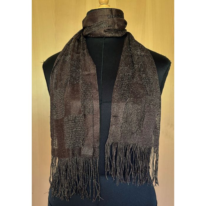 Langt, brunt vintag tørklæde med glimmer og frynser, 70s. Ubrugt