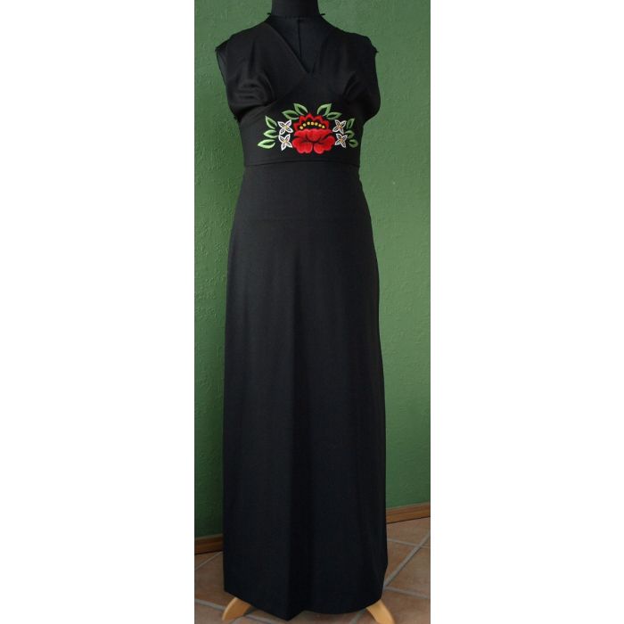 Lang, sort vintage selskabskjole med flot broderi under barmen, str. 36, ubrugt