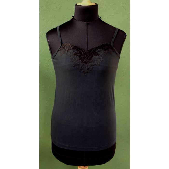Sort vintage top med blondeindsats, fra Via Roma, str. S/M