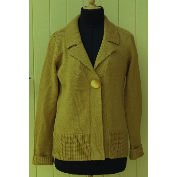 Karryfarvet strik cardigan fra Godske, str. 38, ubrugt