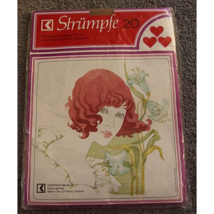 Vintage strømper til hofteholder i str. 8½ i farven Amber. Uåbnet i originalemballage.