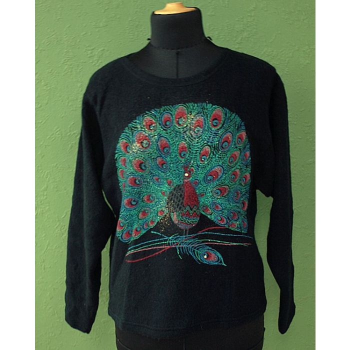 Vintage strikbluse med påfuglemotiv, str. 38/40, 80erne