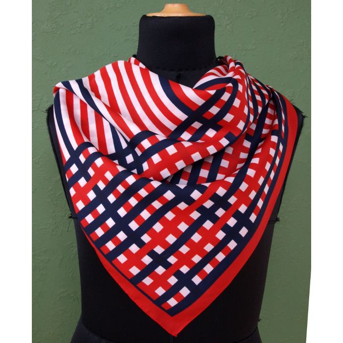 Vintage tørklæde i røde, hvide og marineblå nuancer, ubrugt