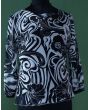 Bluse i chiffon med sort, hvidt, sølvmønster, helforet, str. 38, ubrugt