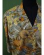 Vintage sæt i to dele med blomster og eksotiske frugter, lækker kvalitet i viscose, str. 38, her ses mønster i close up